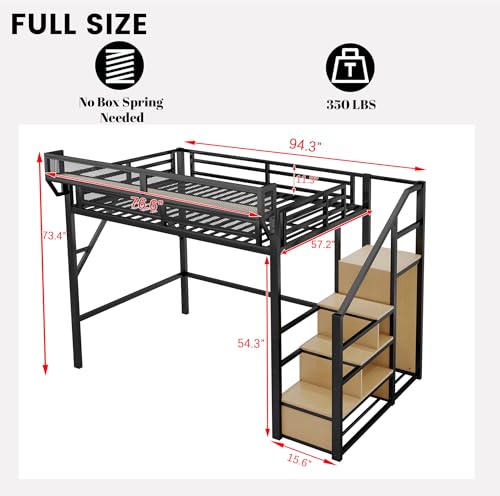 Black Full Size Loft Bed with Desk and Stairs, Steel Frame S894
