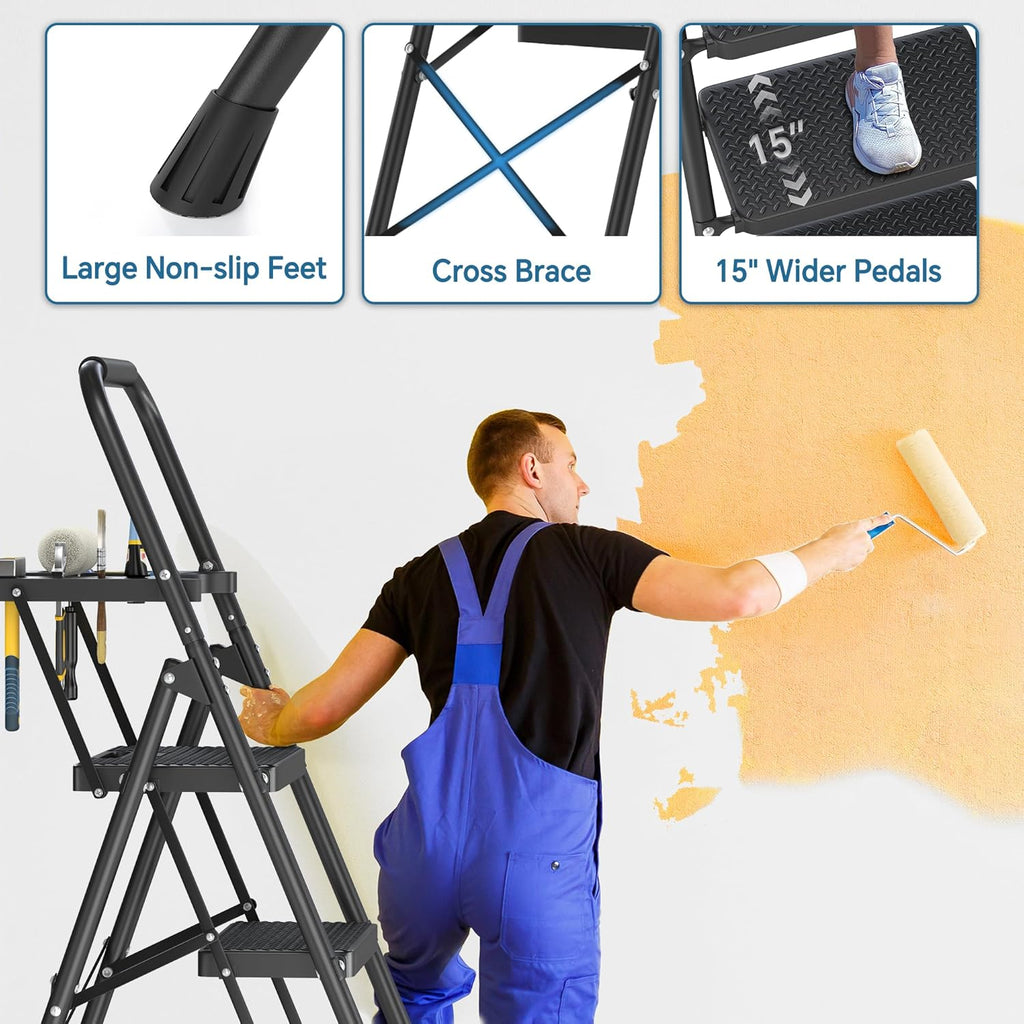 Folding Step Stool with Anti-Slip Pedal, 500lbs Capacity Steel Step Ladder M6200