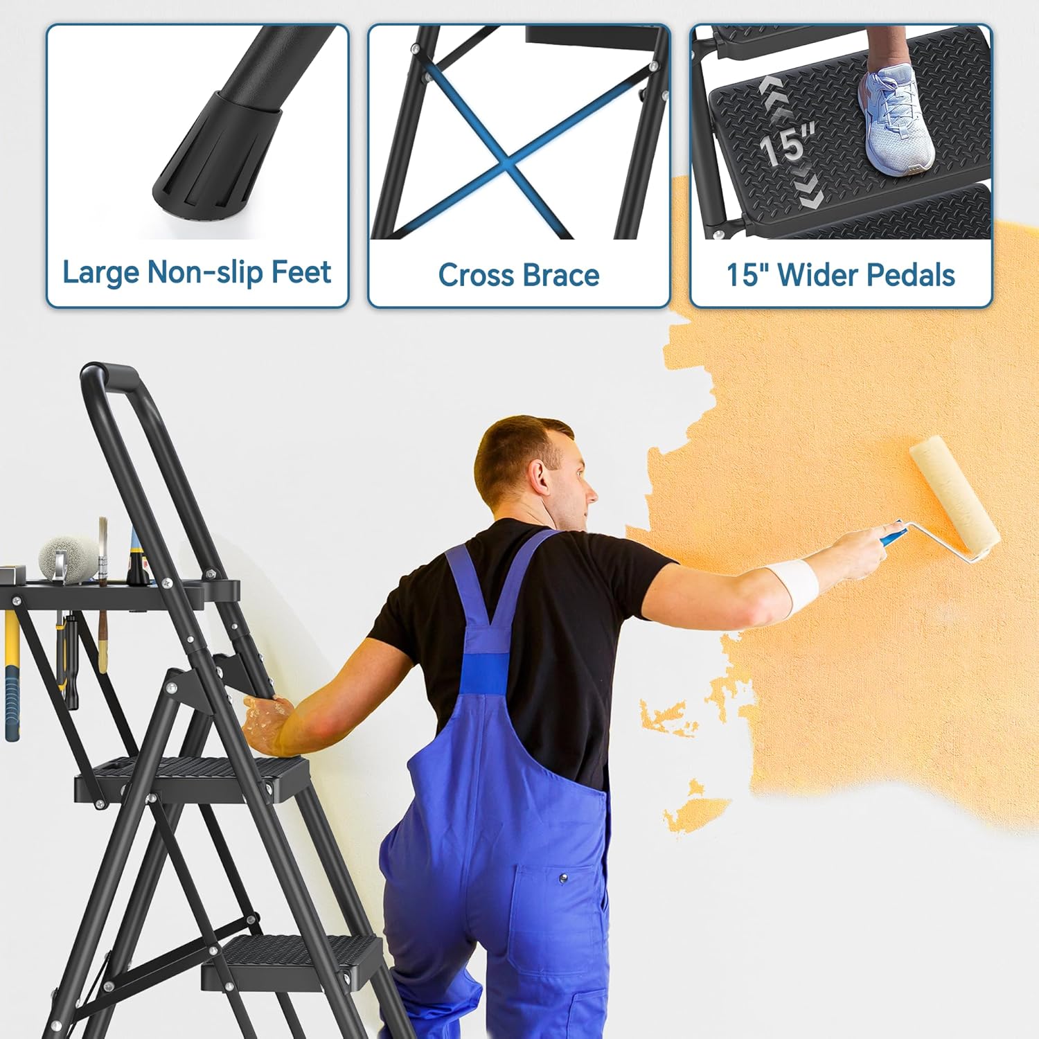 Folding Step Stool with Anti-Slip Pedal, 500lbs Capacity Steel Step Ladder M6200