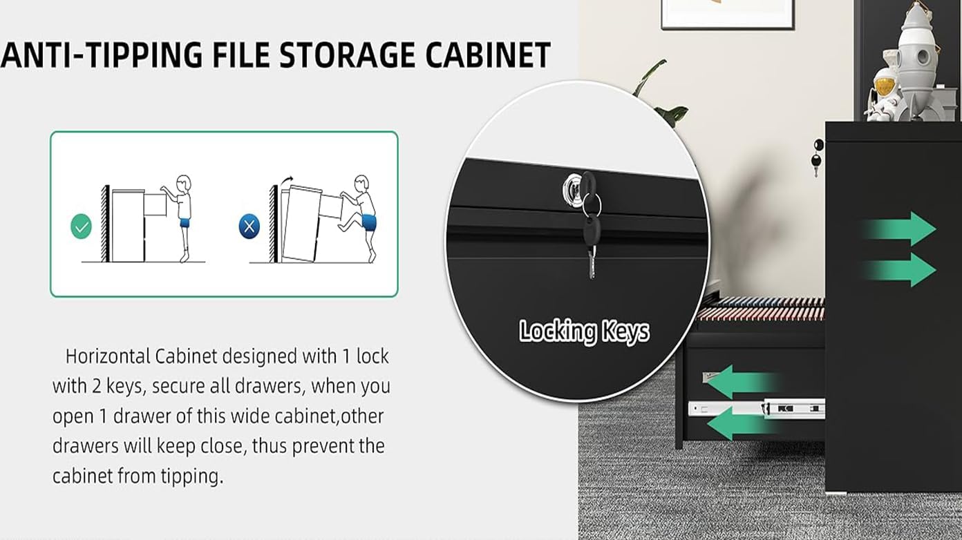 Black 3 Drawer Metal Lateral File Cabinet V964