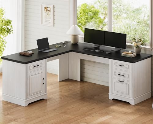 White L Shaped Desk with File Drawer and Power Outlet C50752