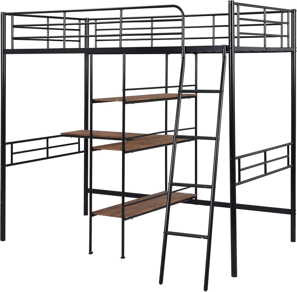 Black Metal Twin Size Loft Bed with Built-in Desk and Shelves O283620