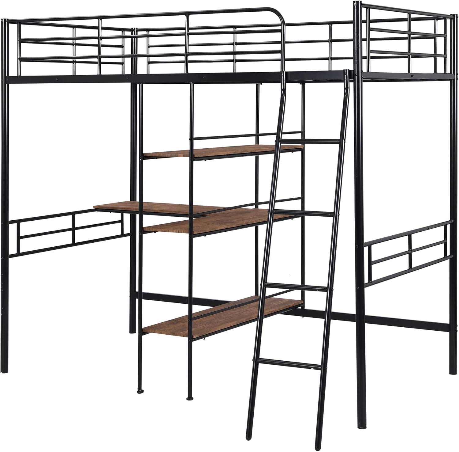 Black Metal Twin Size Loft Bed with Built-in Desk and Shelves O283620