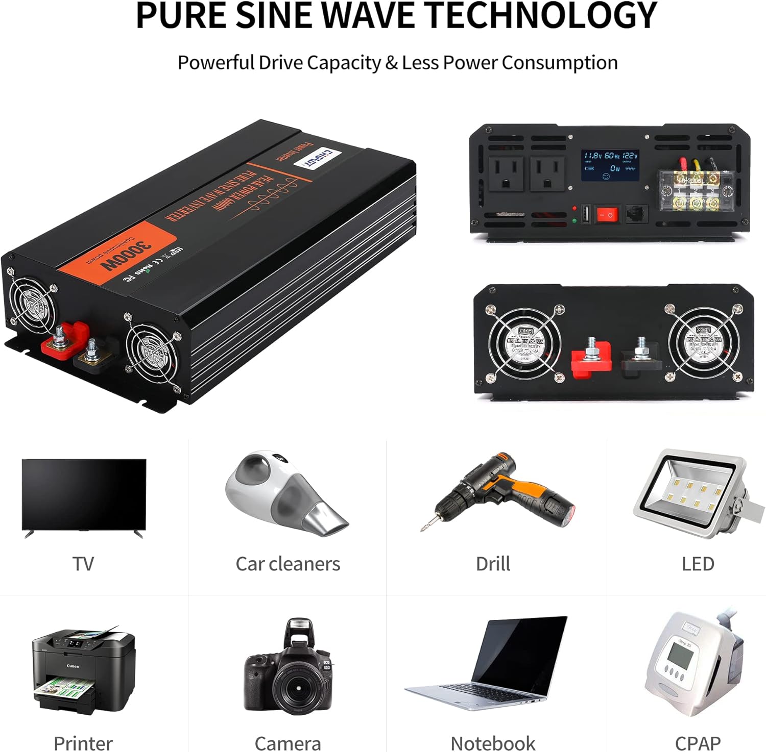 3000W Pure Sine Wave Power Inverter DC 12V to AC 120V with LCD Digital Display Remote Control USB Port Q28126