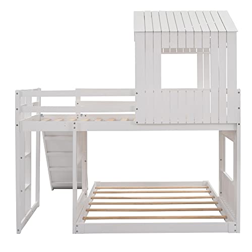 White Twin Over Full Size Wooden Bunk Beds with Slide J48714