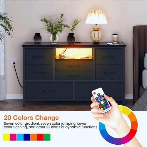 8 Drawer Dresser with Power Outlet and LED, Wood Top L8734