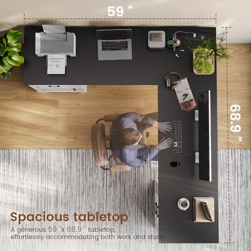 White L Shaped Desk with File Drawer and Power Outlet C50752