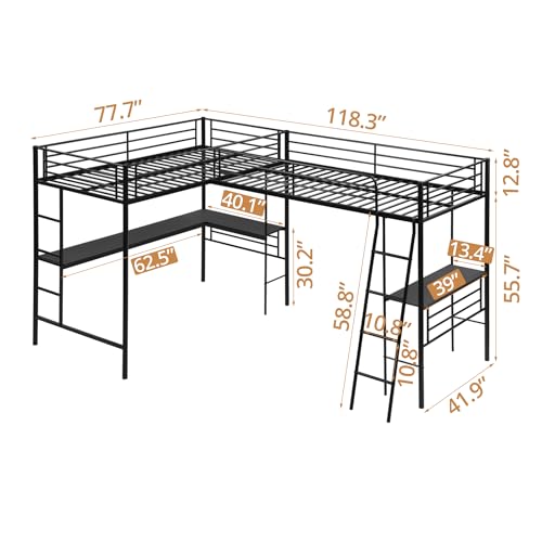 Black Twin Size L-Shaped Metal Loft Bed with 2 Built-in Desks and 2 Ladders A9827