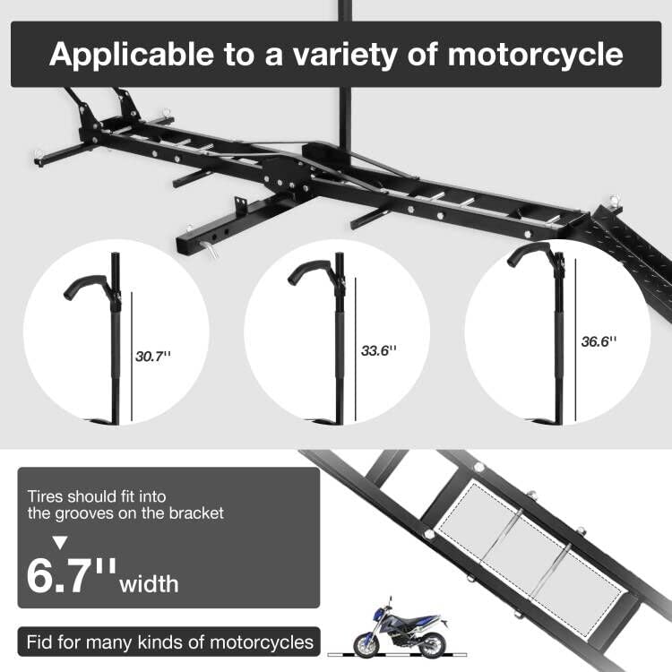 Motorcycle Carrier Hitch Mount 500 Lbs Dirt Bike Carrier Hauler Hitch Rack with Fixed Bracket and Lock Wheel Settings Removable Loading Ramp Anti-Tilt Locking Device V757815
