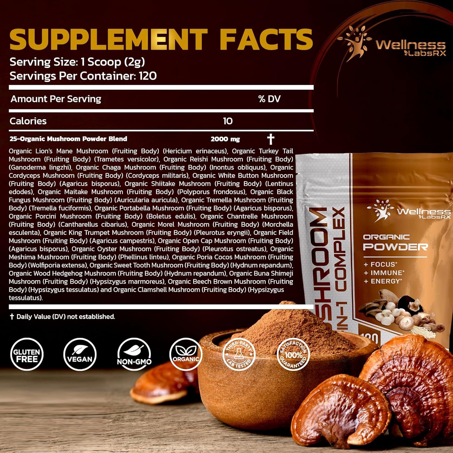 25 in 1 Mushroom Supplement Powder, 2500mg, 120 Servings P470513