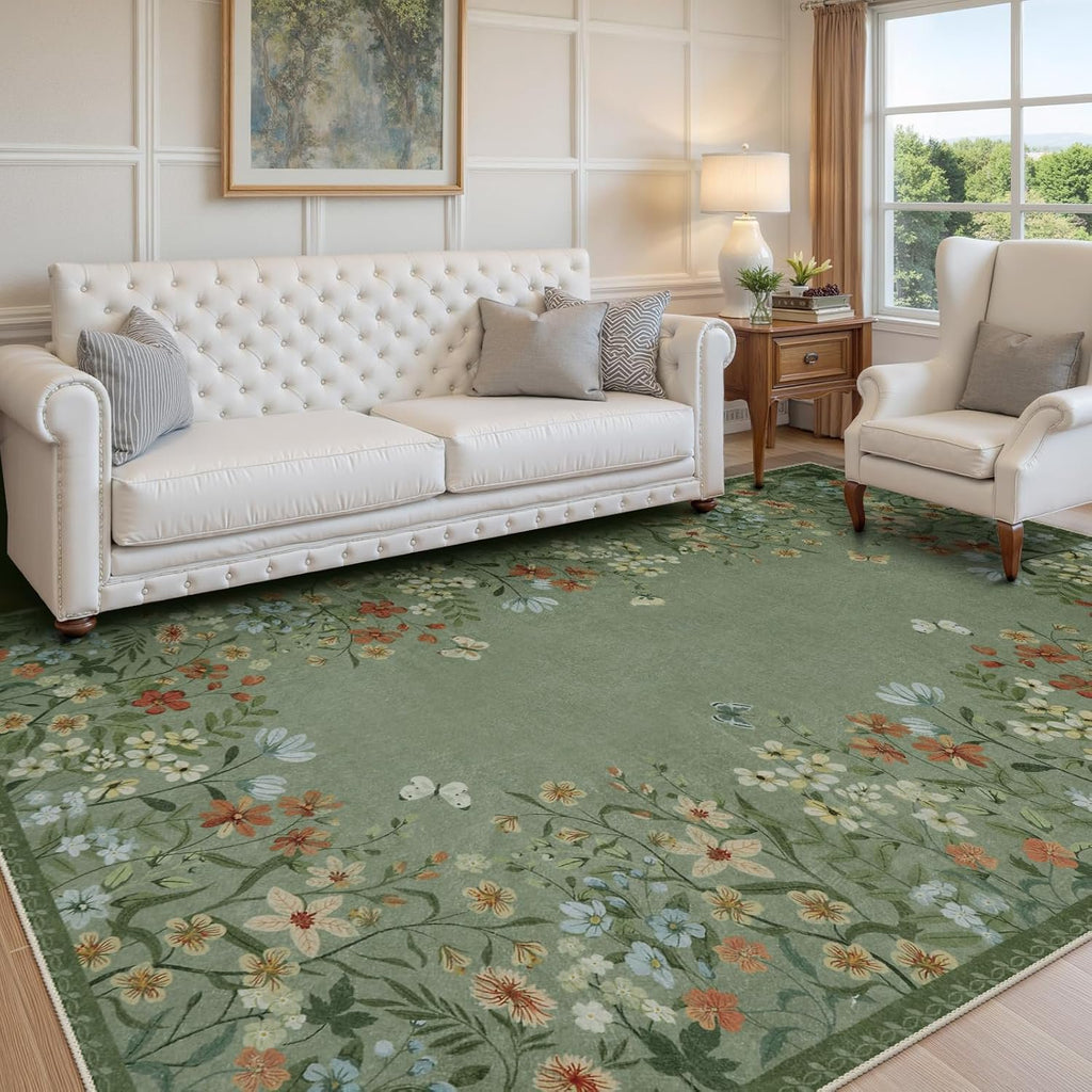 Green Floral 4x6 Washable Low-Pile Area Rug B6699