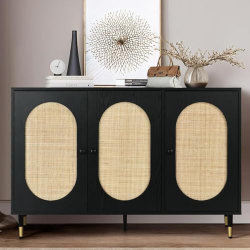 Black Rattan 3 Doors Buffet Cabinet with Adjustable Shelf I8256
