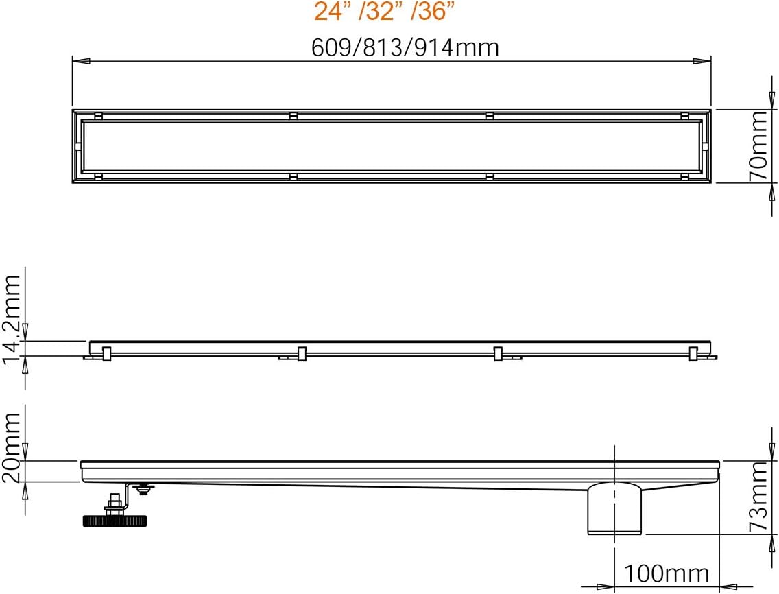 36-Inch Offset Linear Shower Drain with Tile Insert Grate Cover, Brushed 304 Stainless Steel Rectangle Side Outlet Shower Floor Drain P7046