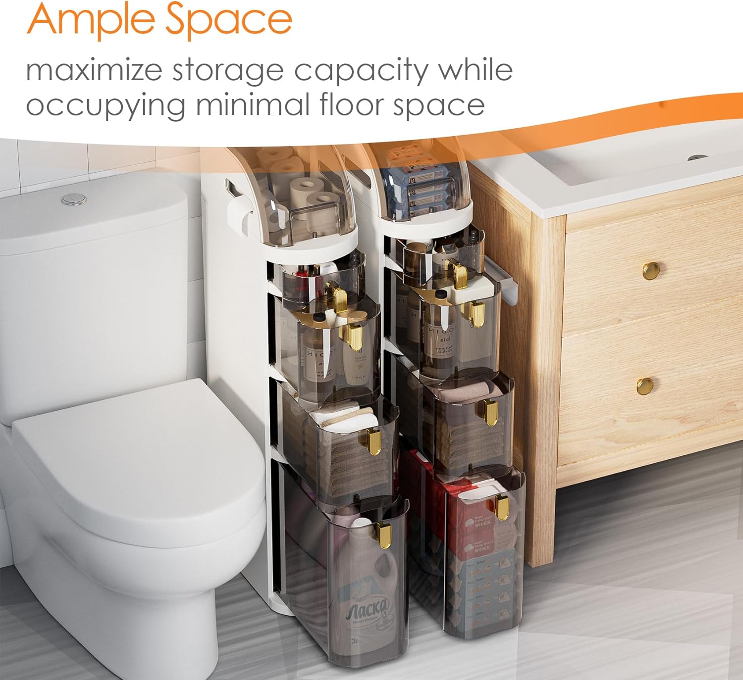 4-Tier Plastic Narrow Slim Storage Cabinet with Clear Drawers and Wheels J978