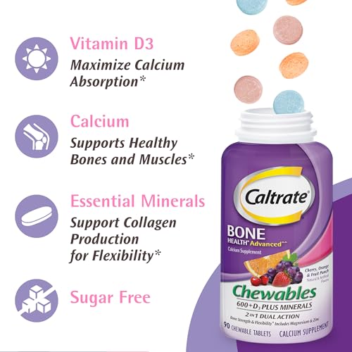 Caltrate Chewables 600 Plus D3 Plus Minerals Calcium Vitamin D Supplement, Cherry, Orange and Fruit Punch - 60 Count G5798