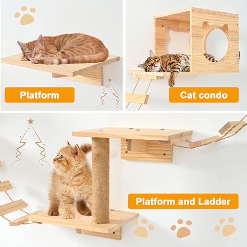 Pine Wooden Cat Wall Shelves with Scratching Post G940953