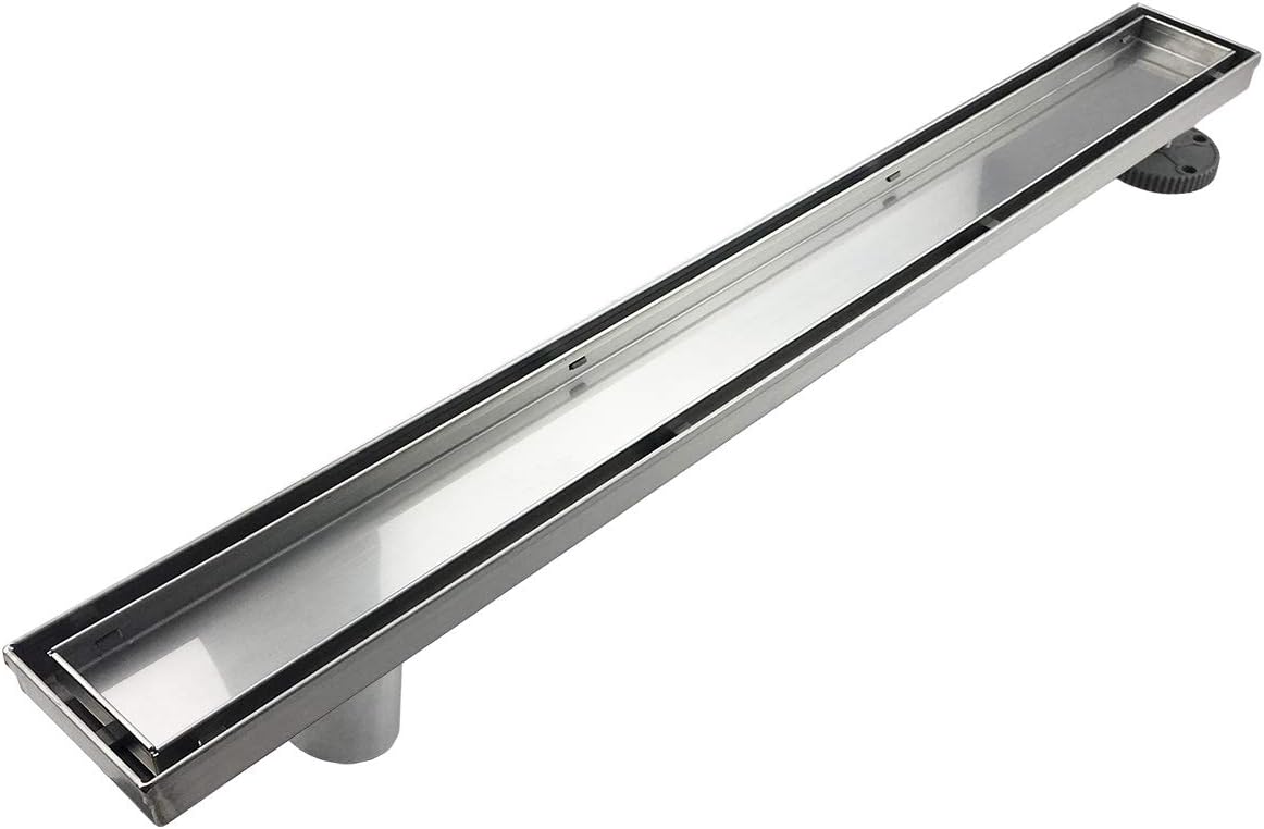 36-Inch Offset Linear Shower Drain with Tile Insert Grate Cover, Brushed 304 Stainless Steel Rectangle Side Outlet Shower Floor Drain P7046