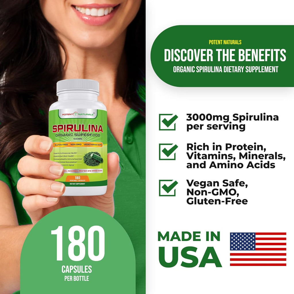 Organic Spirulina 3000mg Dietary Supplement, 180 Capsules D1389