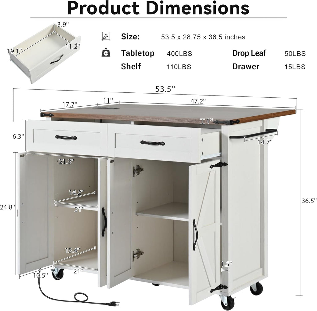White Kitchen Island with Power Outlet and Drop Leaf Y6211