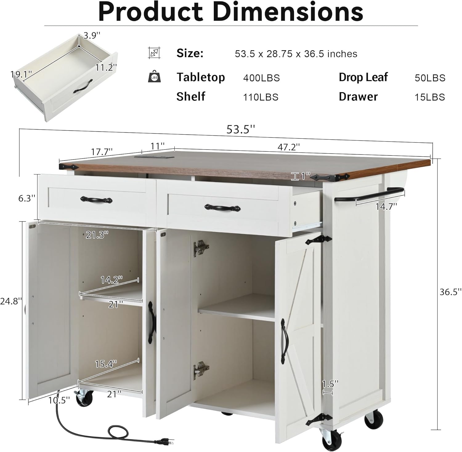 White Kitchen Island with Power Outlet and Drop Leaf Y6211