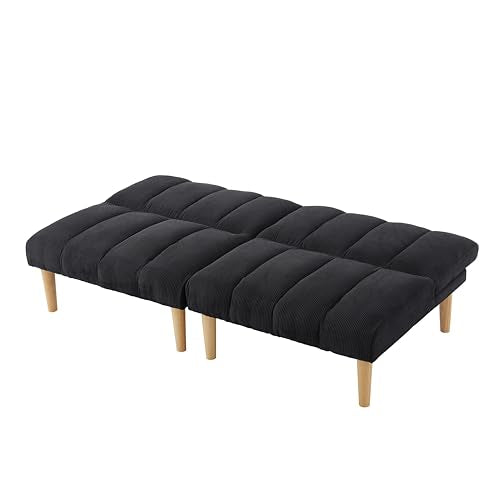 Blue Corduroy Convertible Futon Sofa Bed with Wooden Legs U254