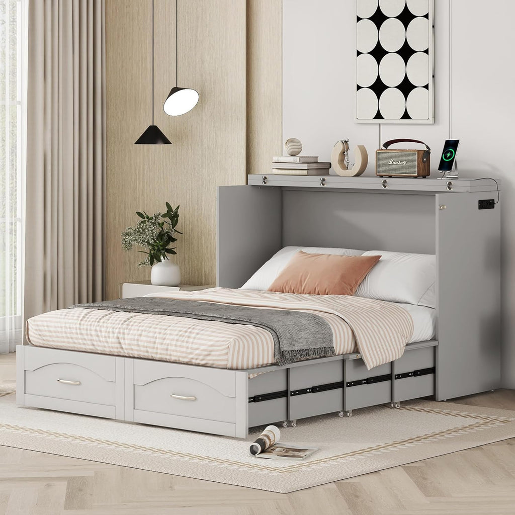 Gray Full Size Murphy Cabinet Bed with Built-in Charging Station H1161