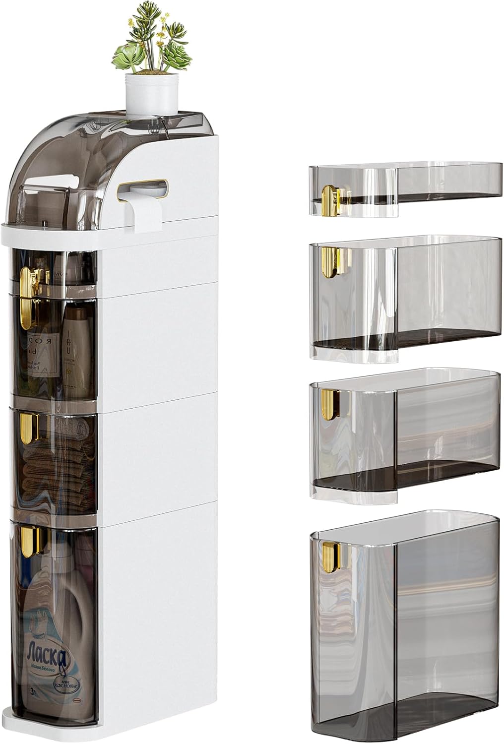 4-Tier Plastic Narrow Slim Storage Cabinet with Clear Drawers and Wheels J978