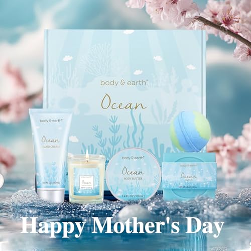 5 Pcs Ocean Scented Bath Gift Set with Candle Body Butter Hand Cream Bath Bomb S8833