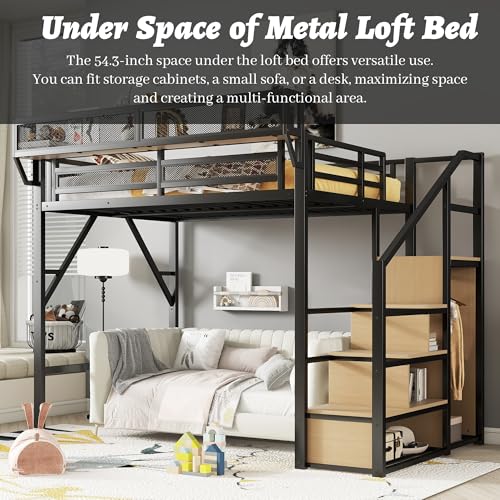 Black Full Size Loft Bed with Desk and Stairs, Steel Frame S894
