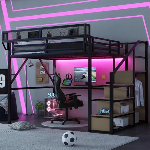 Black Full Size Loft Bed with Desk and Stairs, Steel Frame S894