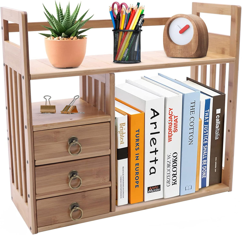 Natural Bamboo Desk Shelf Organizer with 3 Drawers F1705