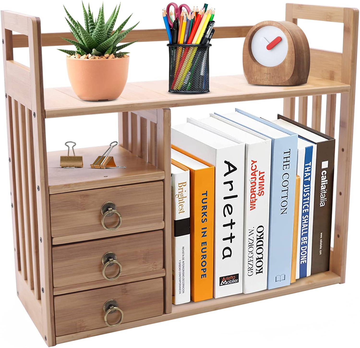 Natural Bamboo Desk Shelf Organizer with 3 Drawers F1705