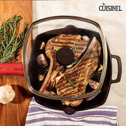 10.5" Pre-Seasoned Cast Iron Square Grill Pan with Glass Lid T428006
