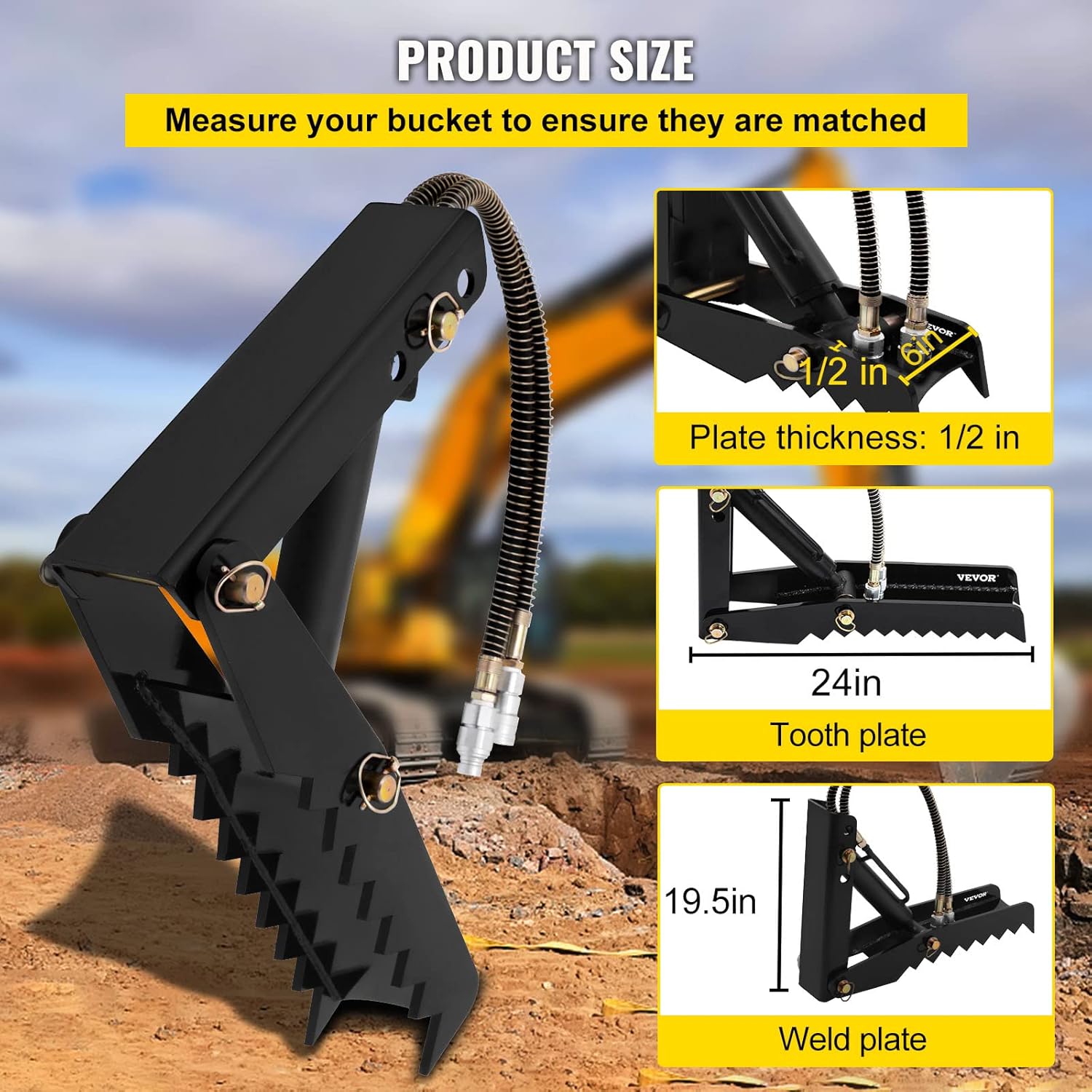 24 inch Hydraulic Backhoe Excavator Thumb Attachments Weld On 1/2in Teeth Thick Steel Plate Assembly with Hydraulic Cylinder Z410