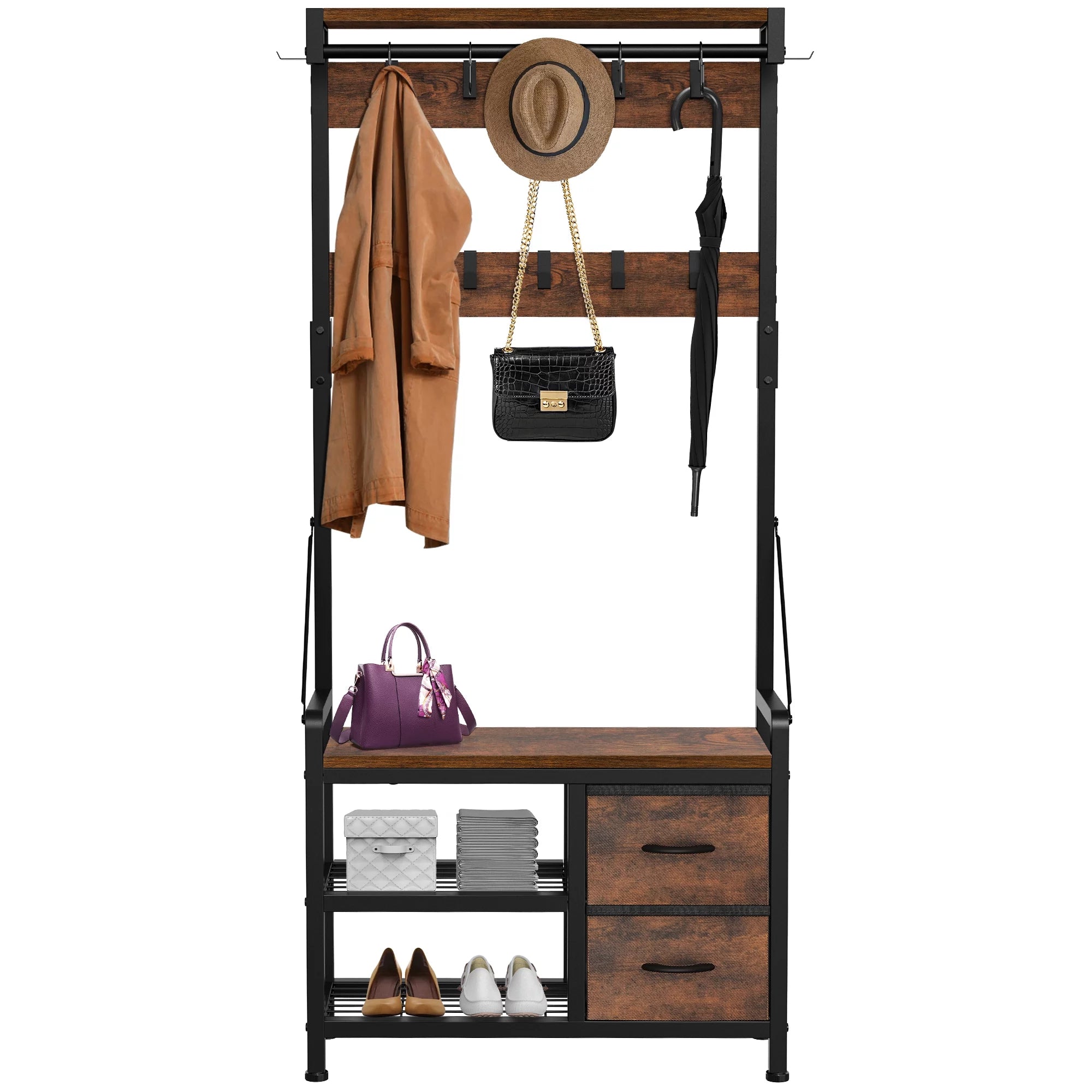 Rustic Brown 4 in 1 Entryway Hall Tree Coat Rack with Shoe Storage Bench 17 Hooks 2 Drawers F621
