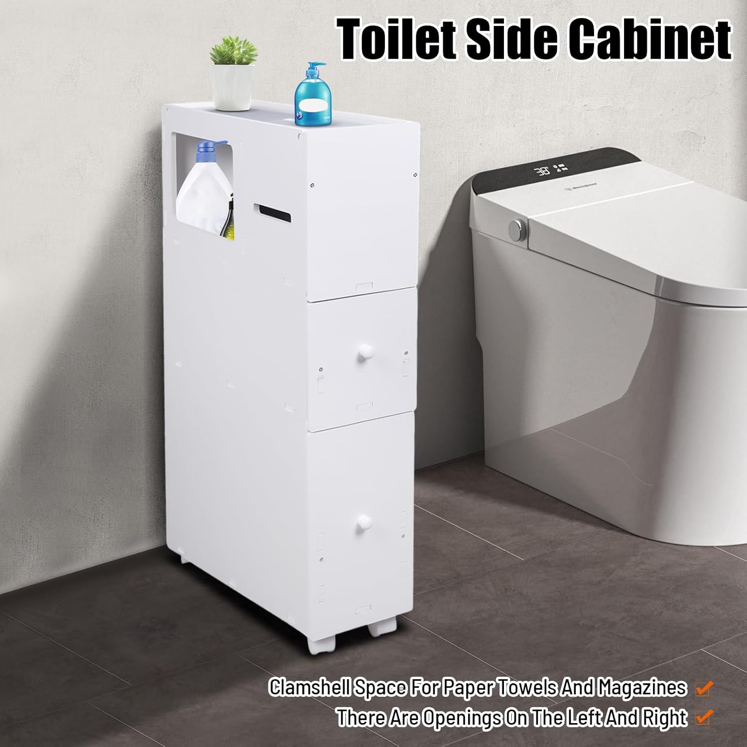 White Slim Rolling Bathroom Storage Cabinet K967886