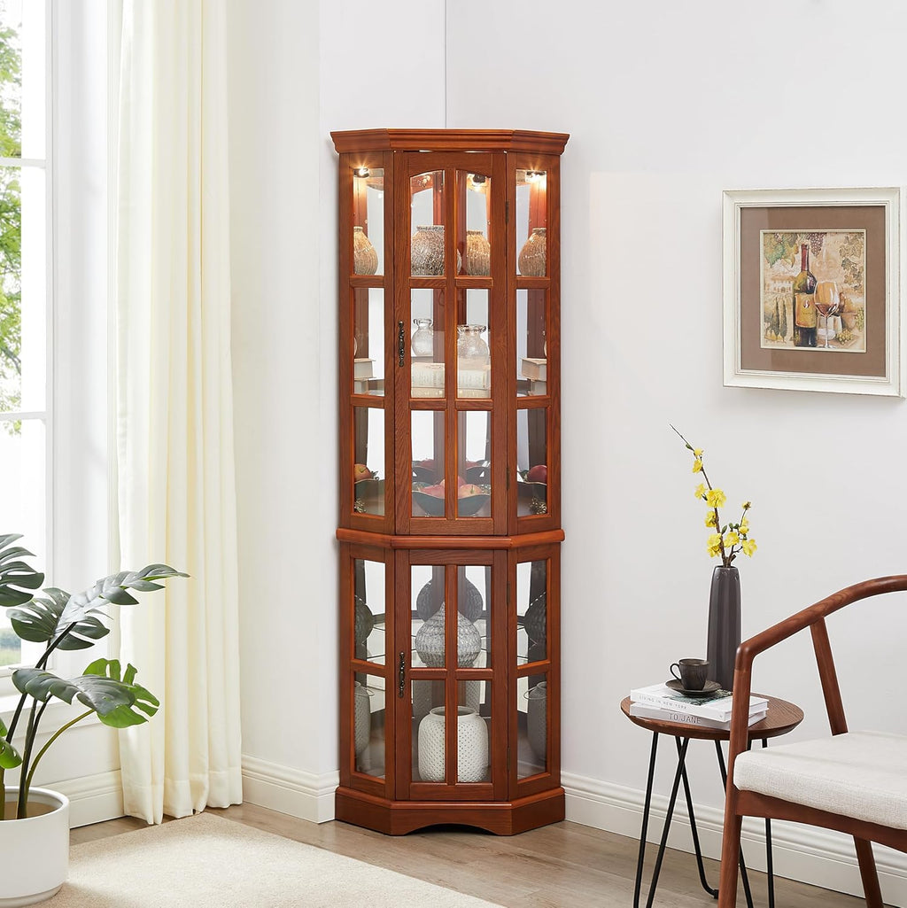 Curio Cabinet with Glass Doors, 5 Shelves, Lighting System, Oak Z375