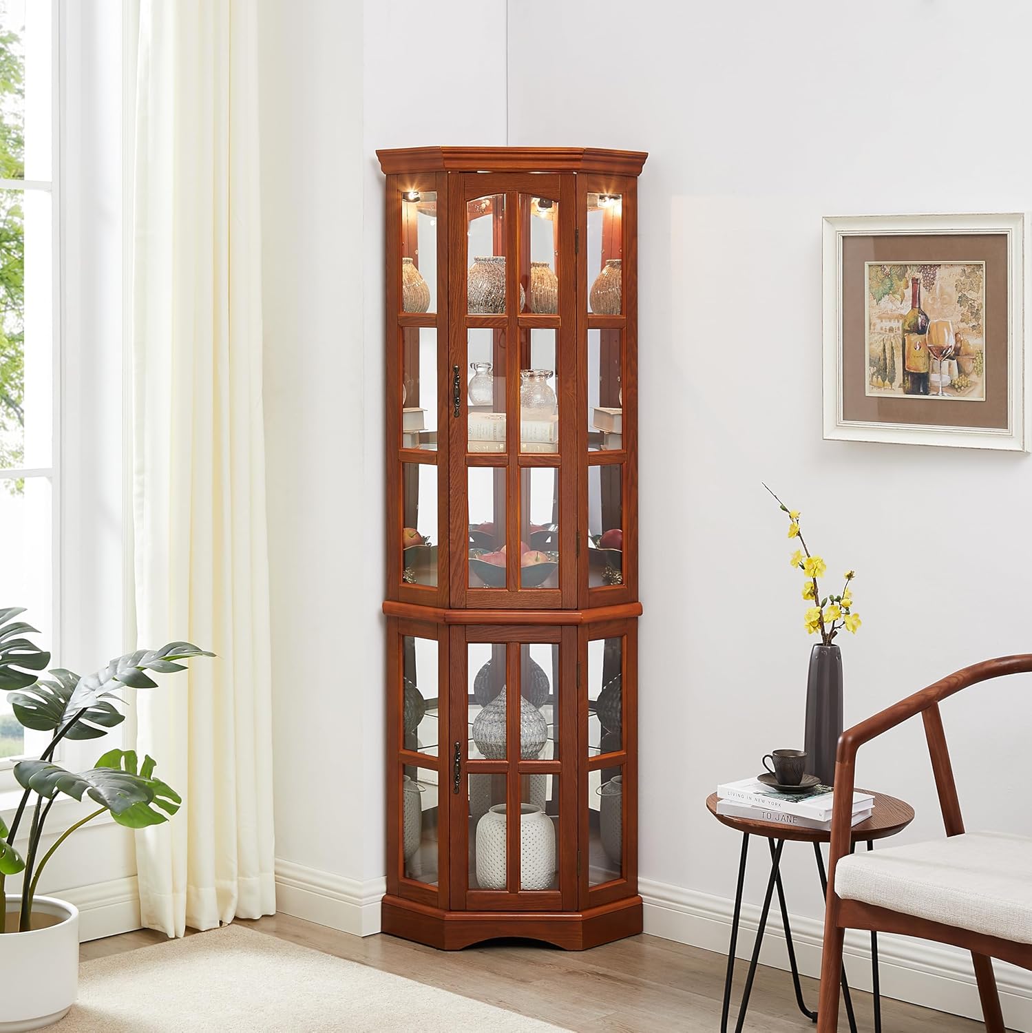 Curio Cabinet with Glass Doors, 5 Shelves, Lighting System, Oak Z375