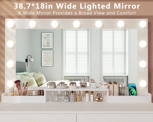 White Vanity Desk with Lights and Large Mirror Q911