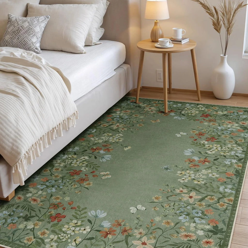 Green Floral 4x6 Washable Low-Pile Area Rug B6699