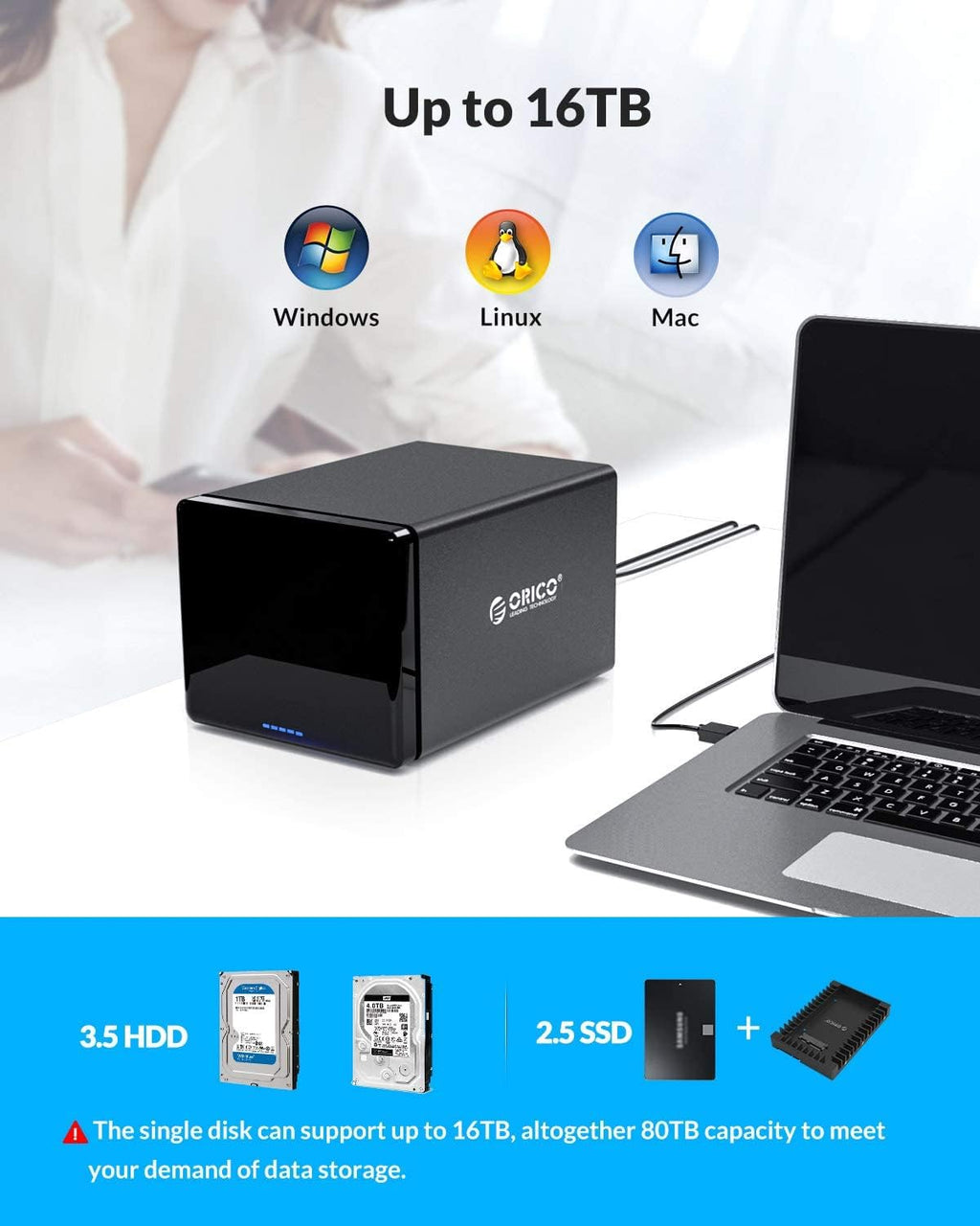 4 Bay HDD Raid Enclosure USB External Hard Drive Enclosure Aluminum SATA III Disk Storage Case Tool-Free for 2.5/3.5 SSD HDD Support 64TB H22537