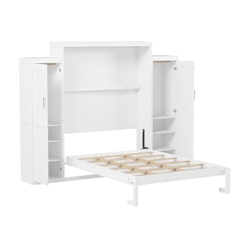 White Queen Size Foldable Platform Bed with 2 Wardrobe and Storage Shelf D68894