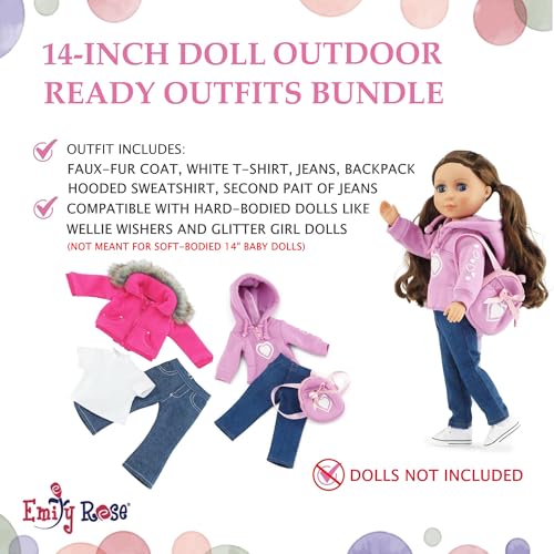 14.5-Inch 6-PC Fashion Doll Clothes & Accessory Set with Faux Fur Coat, Hoodie, Backpack and 2 Pairs of Jeans I21671