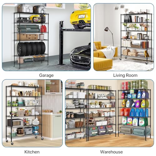 Black 6 Tier Steel Wire Shelving Unit with Wheels C784