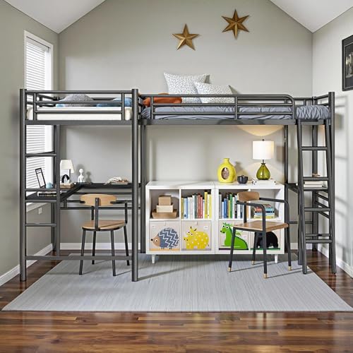 Black Twin Size L-Shaped Metal Loft Bed with 2 Built-in Desks and 2 Ladders A9827