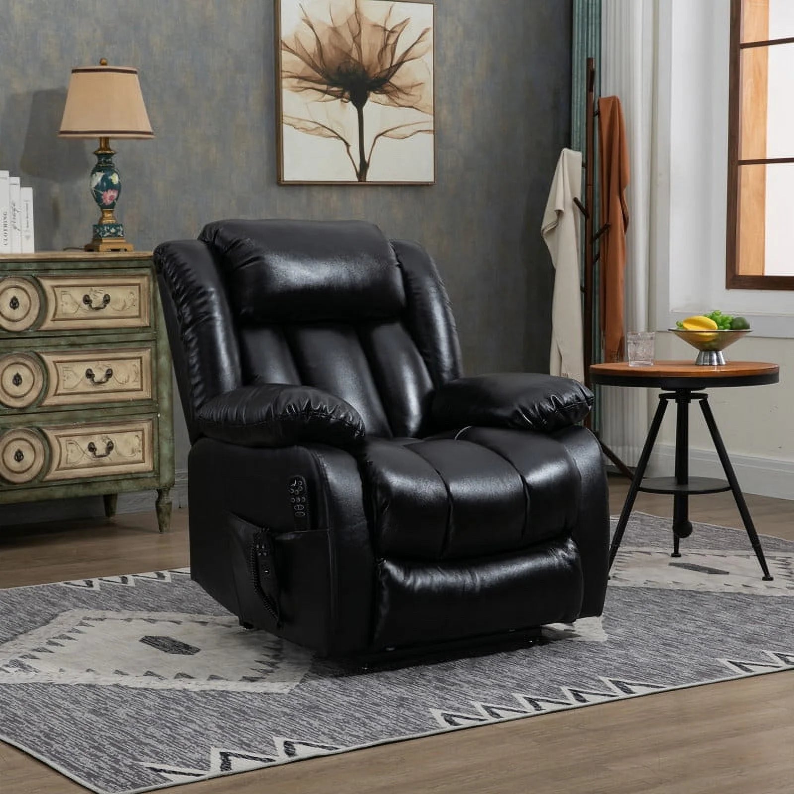 Oversized Black Leather Power Lift Recliner Chair with 8-Point Vibration Massage Lumbar Heating F854