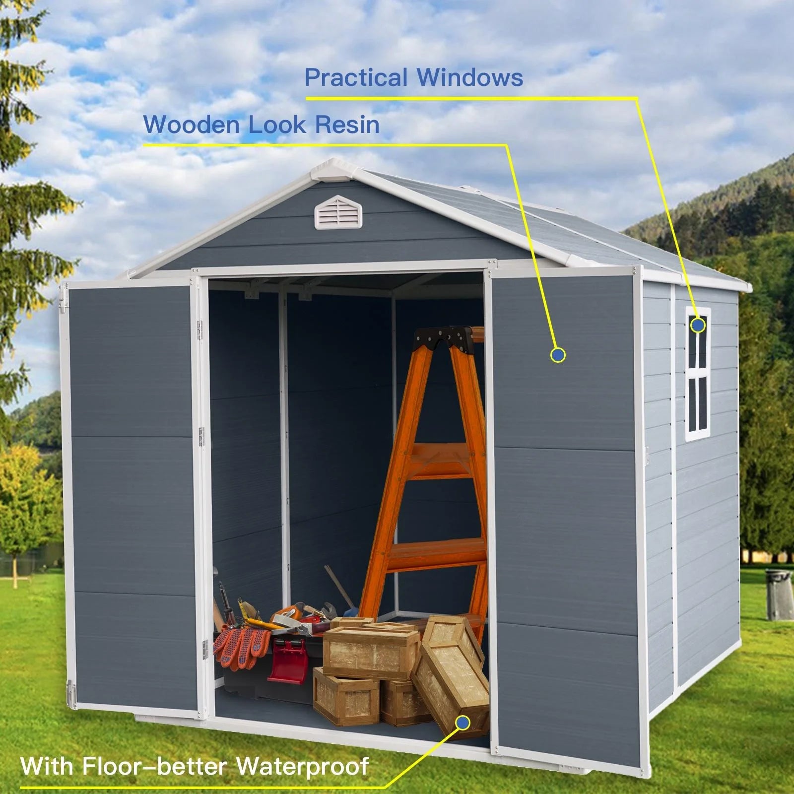 Gray 8' x 6' Outdoor Resin Storage Shed with Lockable Door A73292