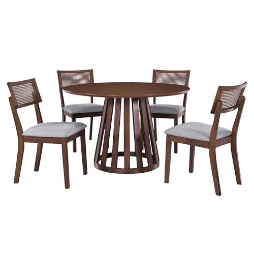5-Piece Wood Dining Table Set with 4 Upholstered Chairs, Walnut O361
