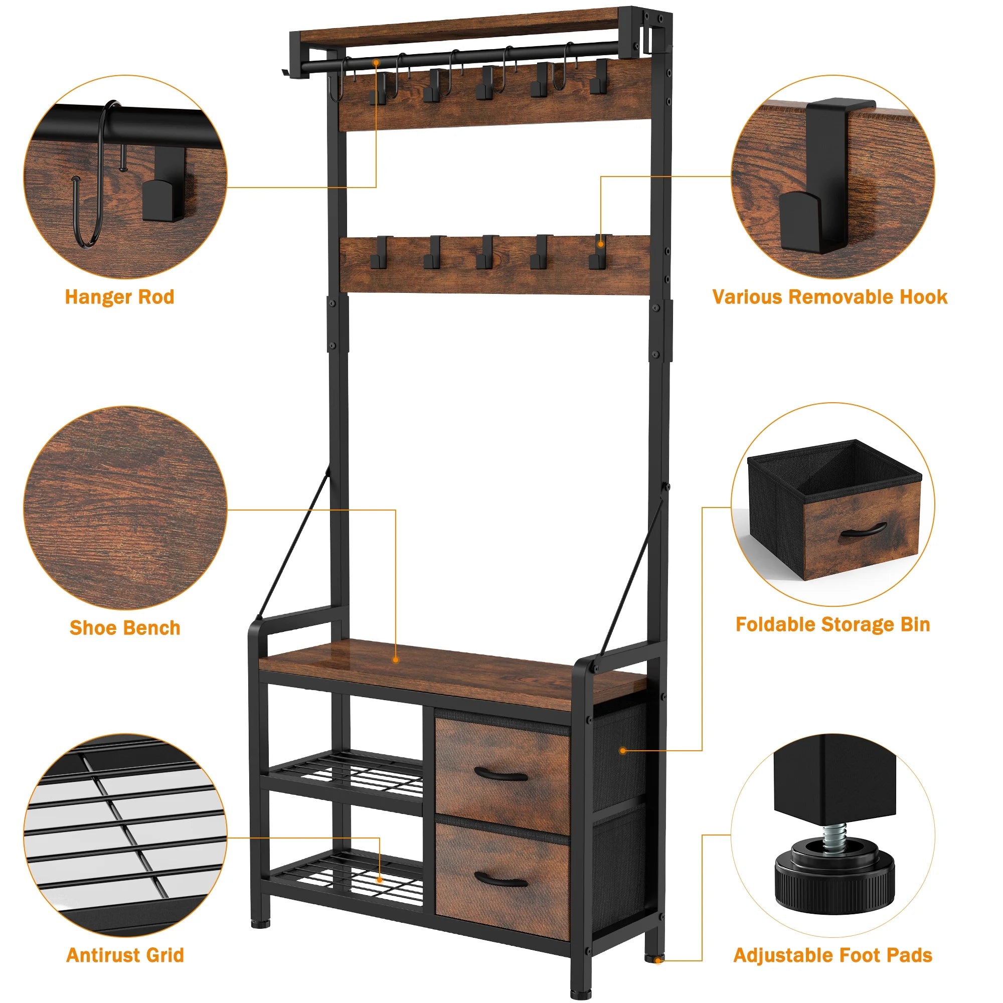 Rustic Brown 4 in 1 Entryway Hall Tree Coat Rack with Shoe Storage Bench 17 Hooks 2 Drawers F621