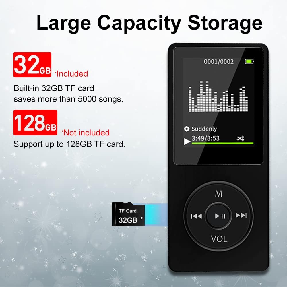 32GB Bluetooth MP3 Player with Speaker, FM Radio, Voice Recorder, Alarm Clock, Supports up to 128GB, Including Earphones G16597